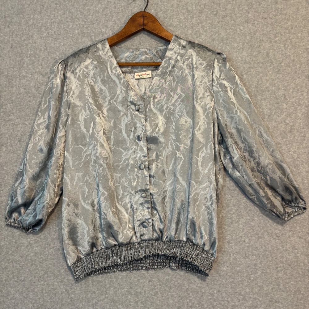 Vintage 80s Tops 'n Tops Miami USA Made Gray Shiny Blouse Women's 16 Button Down
